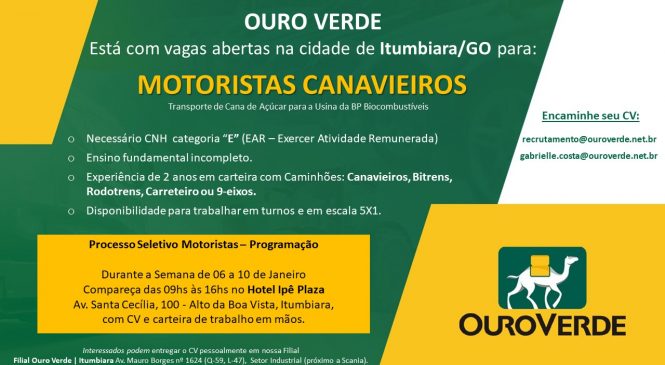 Ouro Verde abre vagas de Motoristas na região de Itumbiara/GO